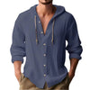 Lingt Chic Linen Shirts for Men Casual Button Shirts Summer Cotton Linen Hoodie Beach Long Sleeve Shirts Top with Hood Navy