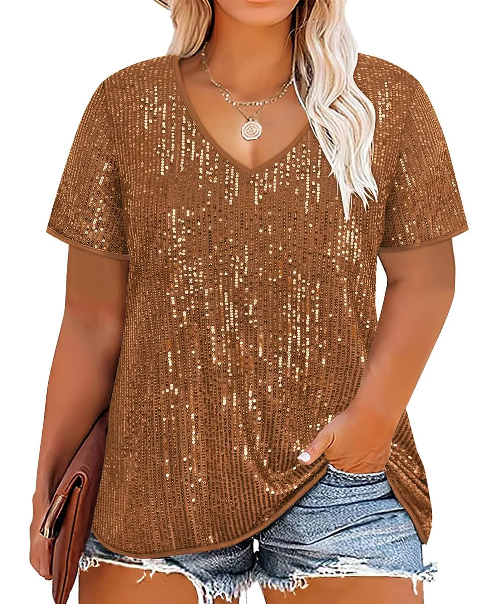 Plus Size Sequin Tops for Women Brown Sparkly Party Tops
