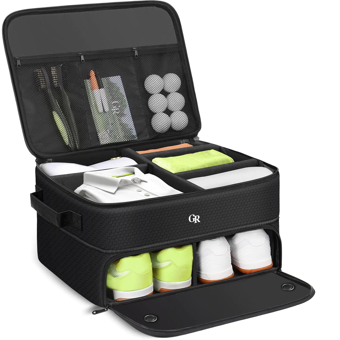 Odor-Absorbing 2-Layer Large Golf Trunk Organizer with Activated Carbon Fabric - Water-Resistant Golf Shoe Bag for Shoes Balls Tees Clothes Gloves Golf Accessories Fathers Day Dad Gifts for Men