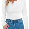 Long Sleeve Shirts for Women Casual Solid Henley Tops Button Down Shirts V Neck Blouses Basic Ribbed Knit T Shirts Tunic Basic Fall Spring T-Shirts for Women for Cocktail Party Holiday (WhiteXL)