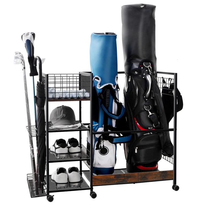 Dual Golf Bag Garage Stand with Wheels