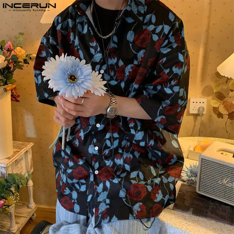 INCERUN Korean Style Men's Rose Print Casual Shirts