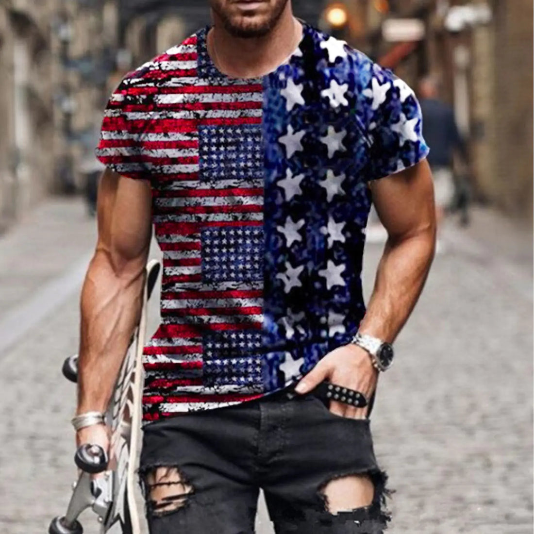 Men's Independence Day Flag Print Short Sleeve T-Shirt