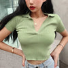 Summer Retro V-Neck Knit Polo Shirt for Women