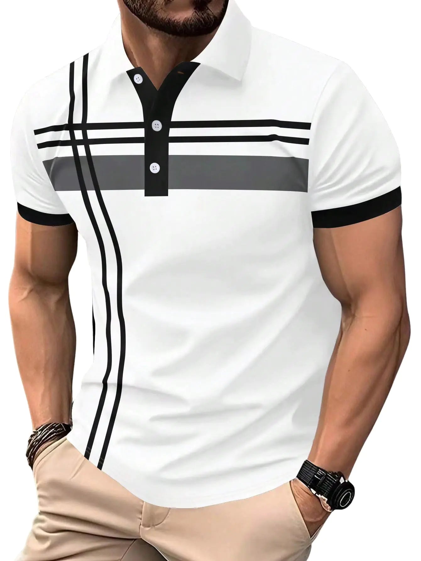 SOLY HUX Mens Casual Striped Button T-Shirt / Large