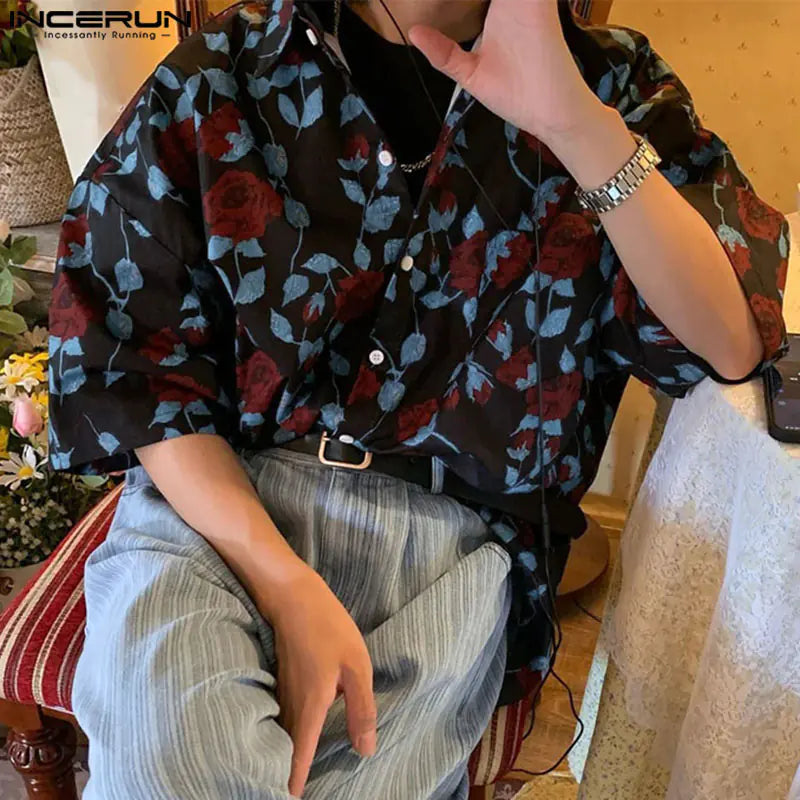 INCERUN Korean Style Men's Rose Print Casual Shirts