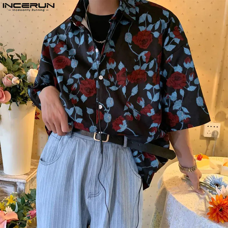 INCERUN Korean Style Men's Rose Print Casual Shirts