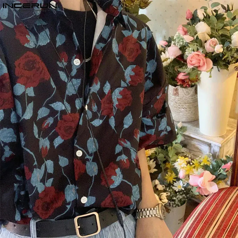INCERUN Korean Style Men's Rose Print Casual Shirts