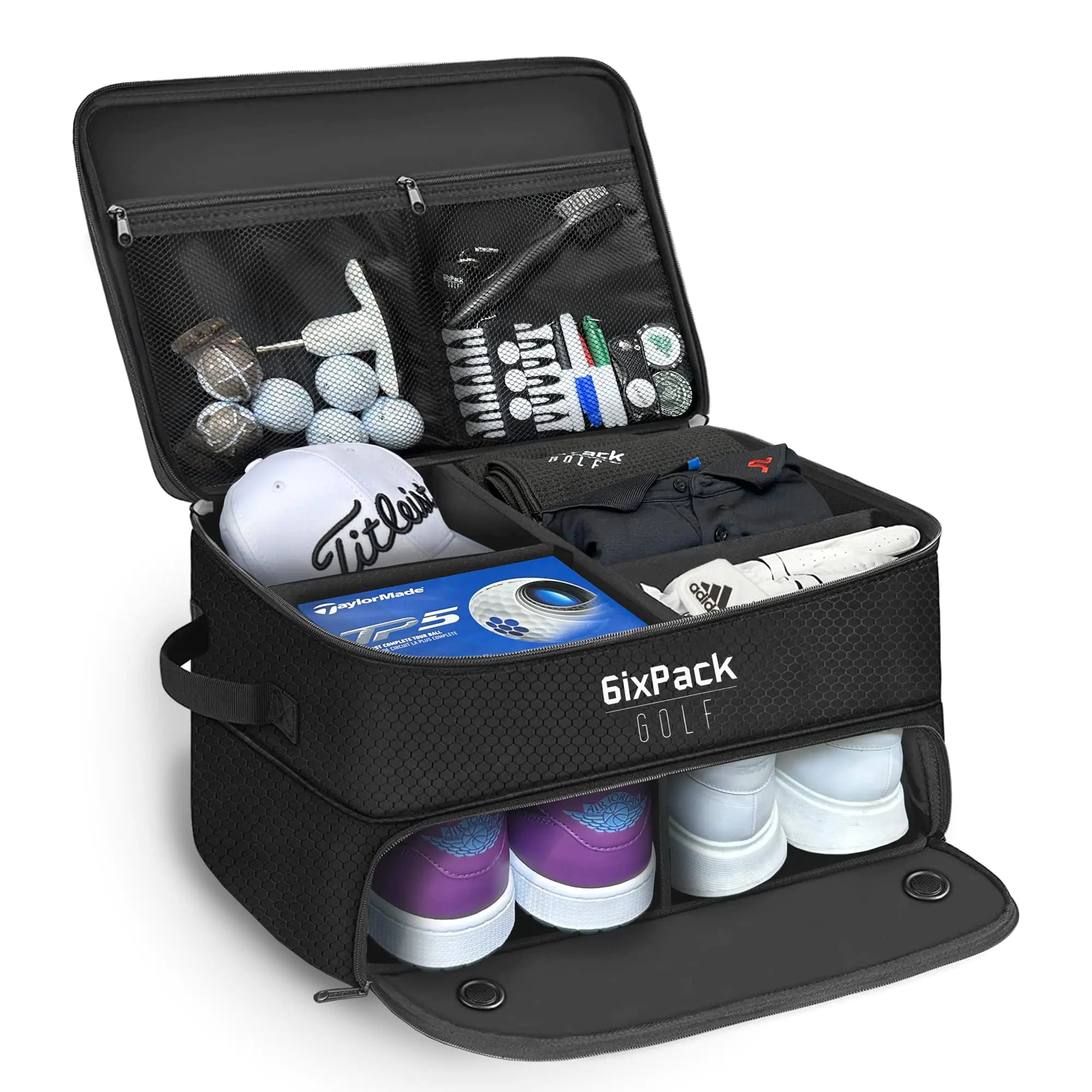 6ixPack Golf 2 Layer Golf Trunk Organizer - Waterproof Storage Locker for Golf Accessories - Separate Ventilated Compartment for 2 Pairs of Shoes - Car Organizer for Balls Tees Clothes Hat Gloves