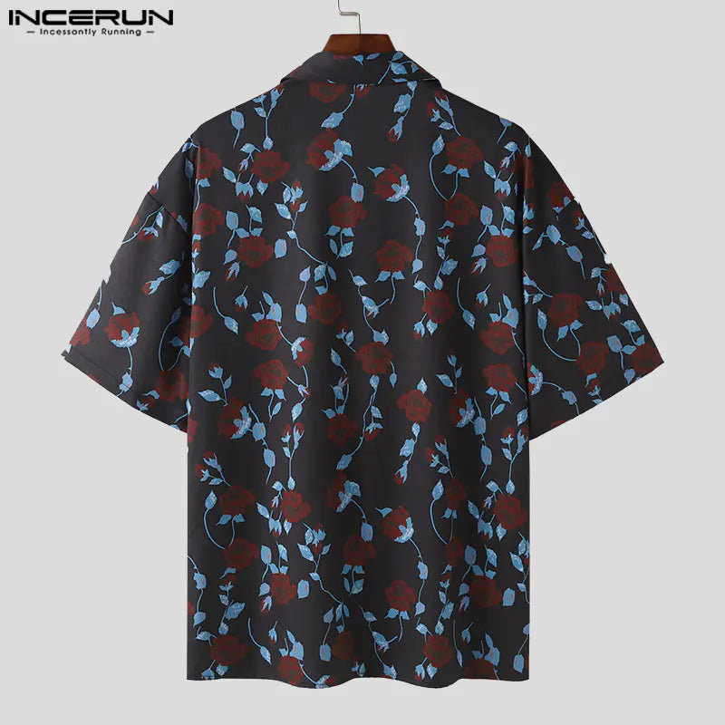 INCERUN Korean Style Men's Rose Print Casual Shirts
