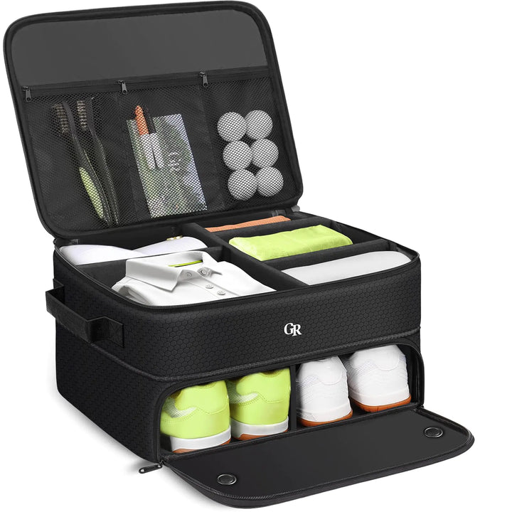 Odor-Absorbing 2-Layer Large Golf Trunk Organizer with Activated Carbon Fabric - Water-Resistant Golf Shoe Bag for Shoes Balls Tees Clothes Gloves Golf Accessories Fathers Day Dad Gifts for Men
