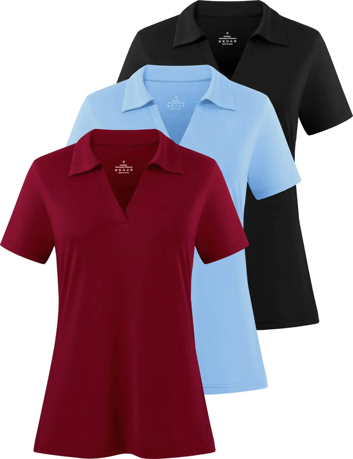 VividFlex Women's Polo Shirt 3-Pack V-Neck - Moisture-Wicking Golf Tops / X-Large