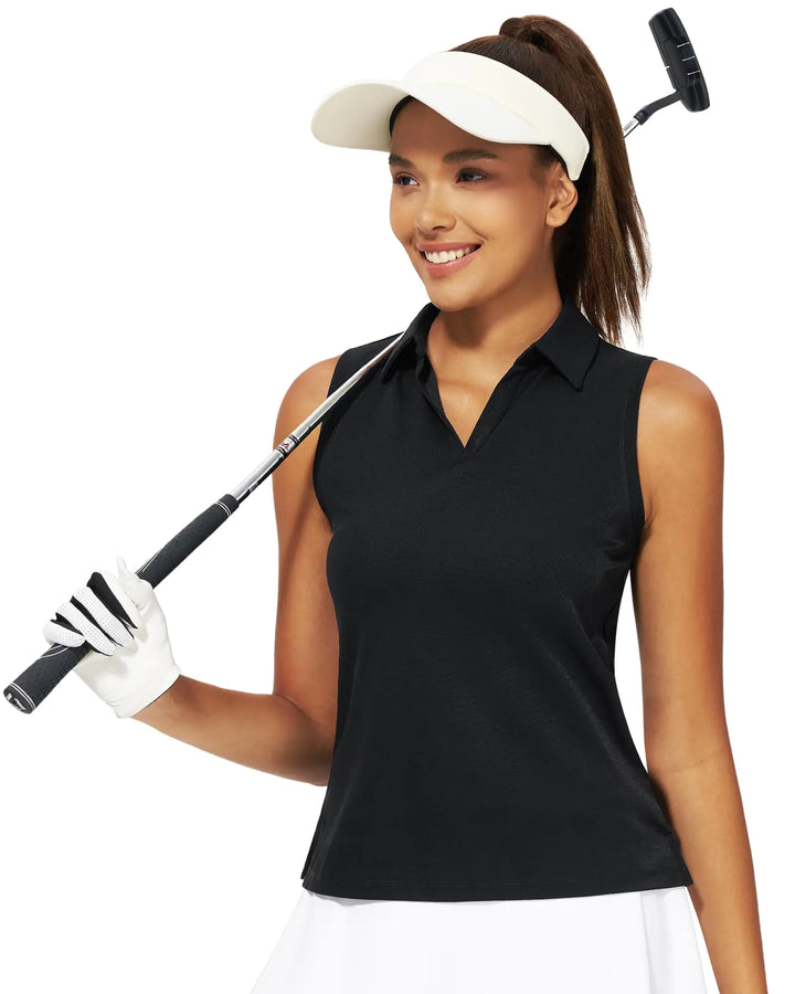 Stelle Sleeveless Tennis & Golf Polo - V Neck Quick Dry Black  / Small