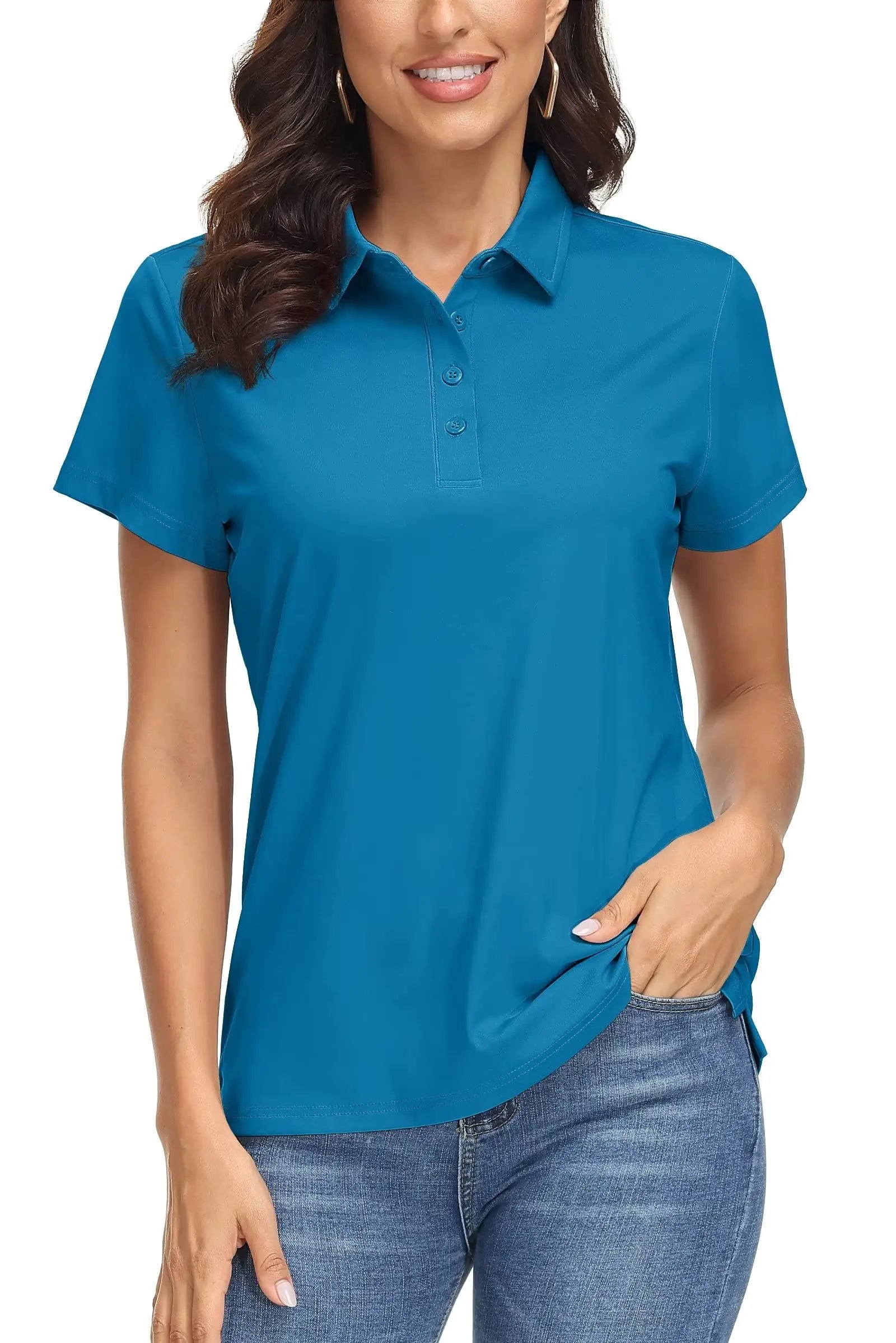 Quick-Dry Sporty Polo for Women in Blue Green  / Large