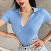 Summer Retro V-Neck Knit Polo Shirt for Women