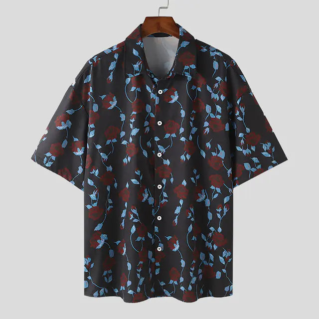 INCERUN Korean Style Men's Rose Print Casual Shirts