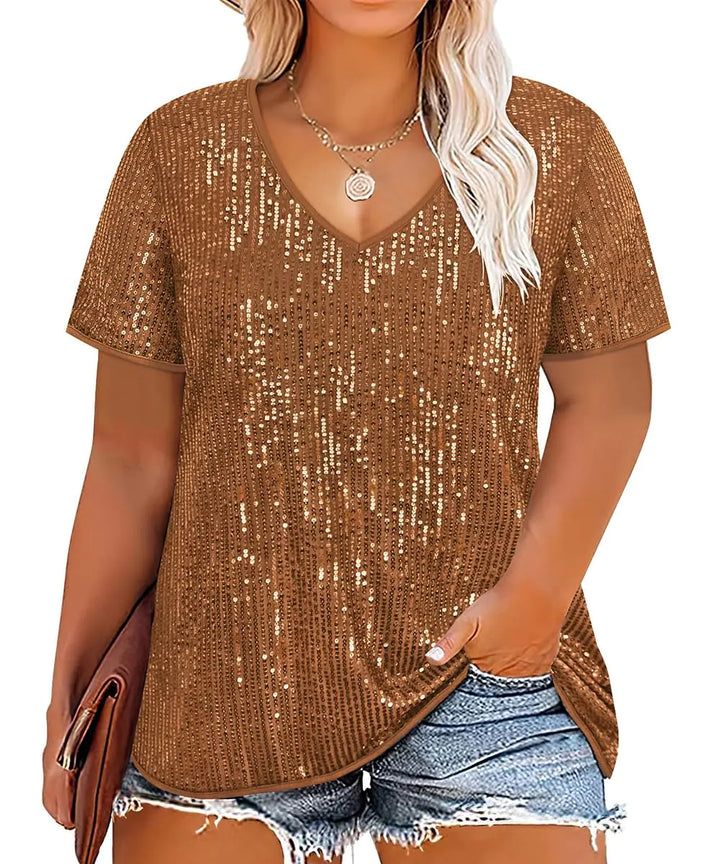 Plus Size Sequin Tops for Women Brown Sparkly Party Tops