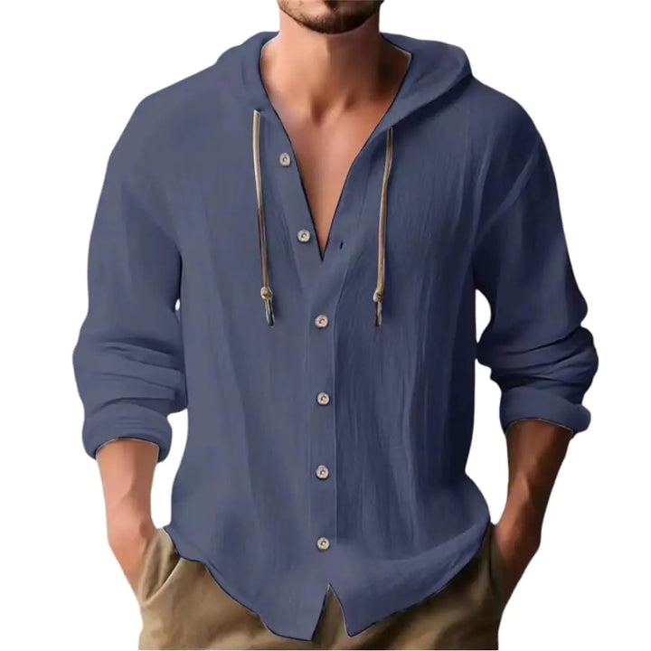 Lingt Chic Linen Shirts for Men Casual Button Shirts Summer Cotton Linen Hoodie Beach Long Sleeve Shirts Top with Hood Navy