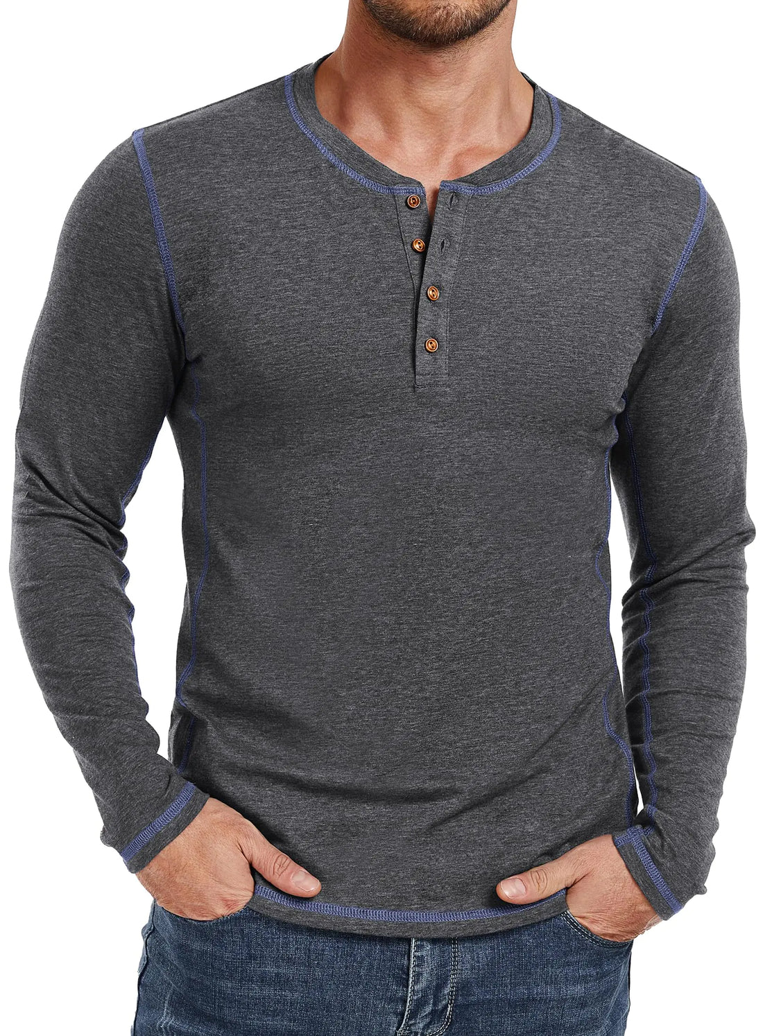 PEGNEO Mens Classic Henley Cotton Top - Dark Grey / X-Large