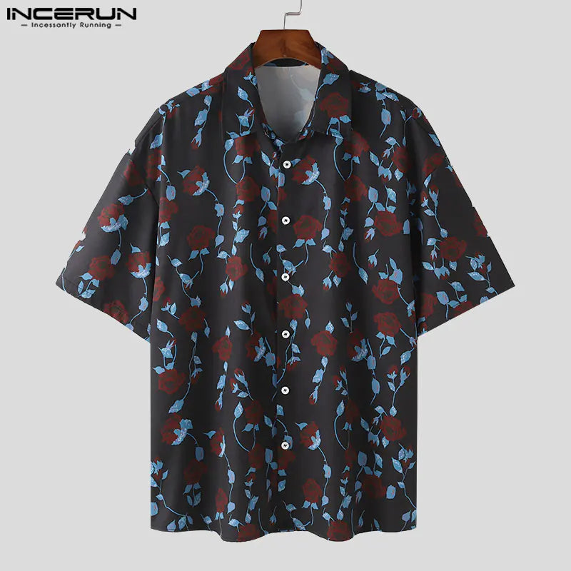 INCERUN Korean Style Men's Rose Print Casual Shirts