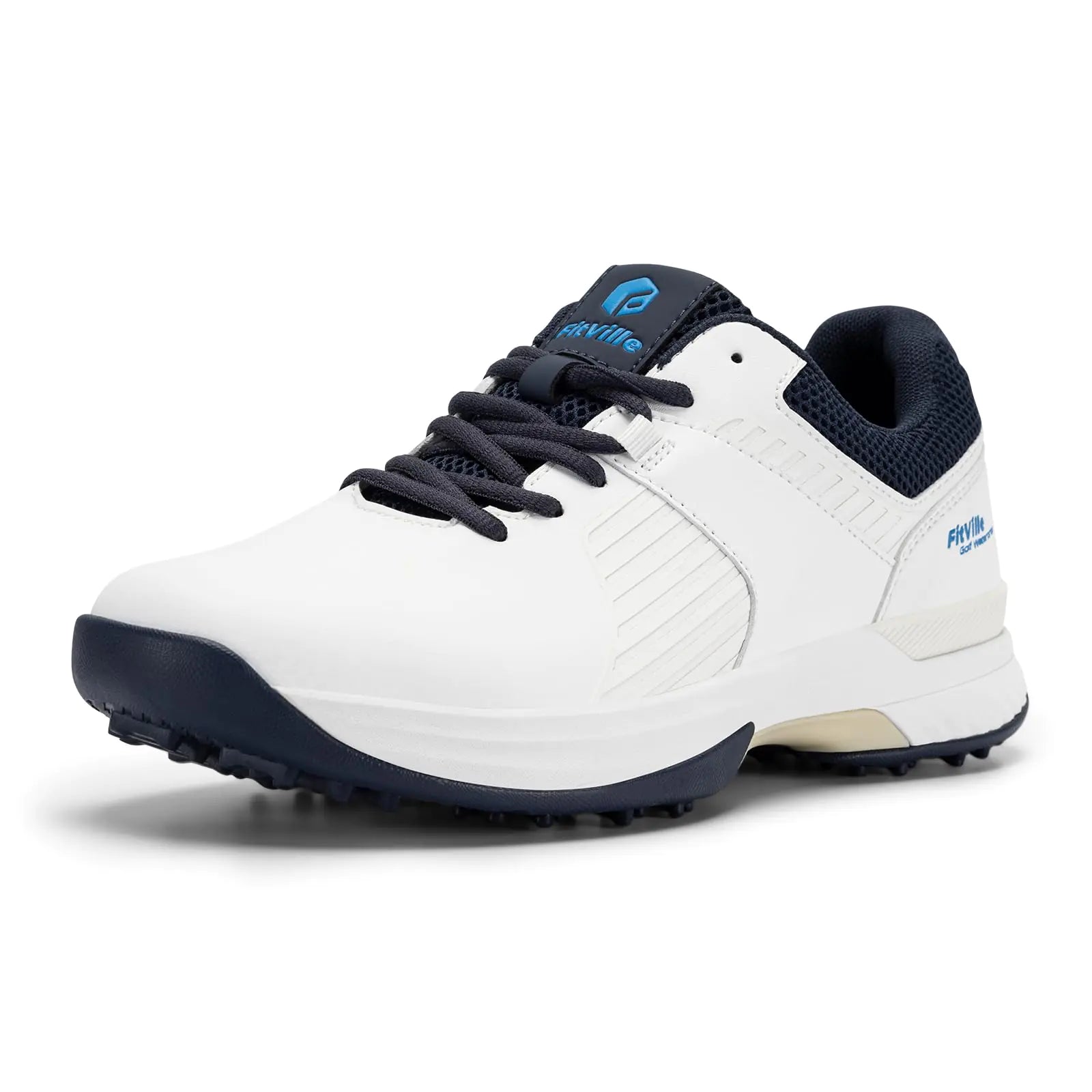 FitVille Wide Mens Golf Shoes Waterproof Professional Outdoor Spiked Golf Shoes for Men(White Blue 9.5 Wide)