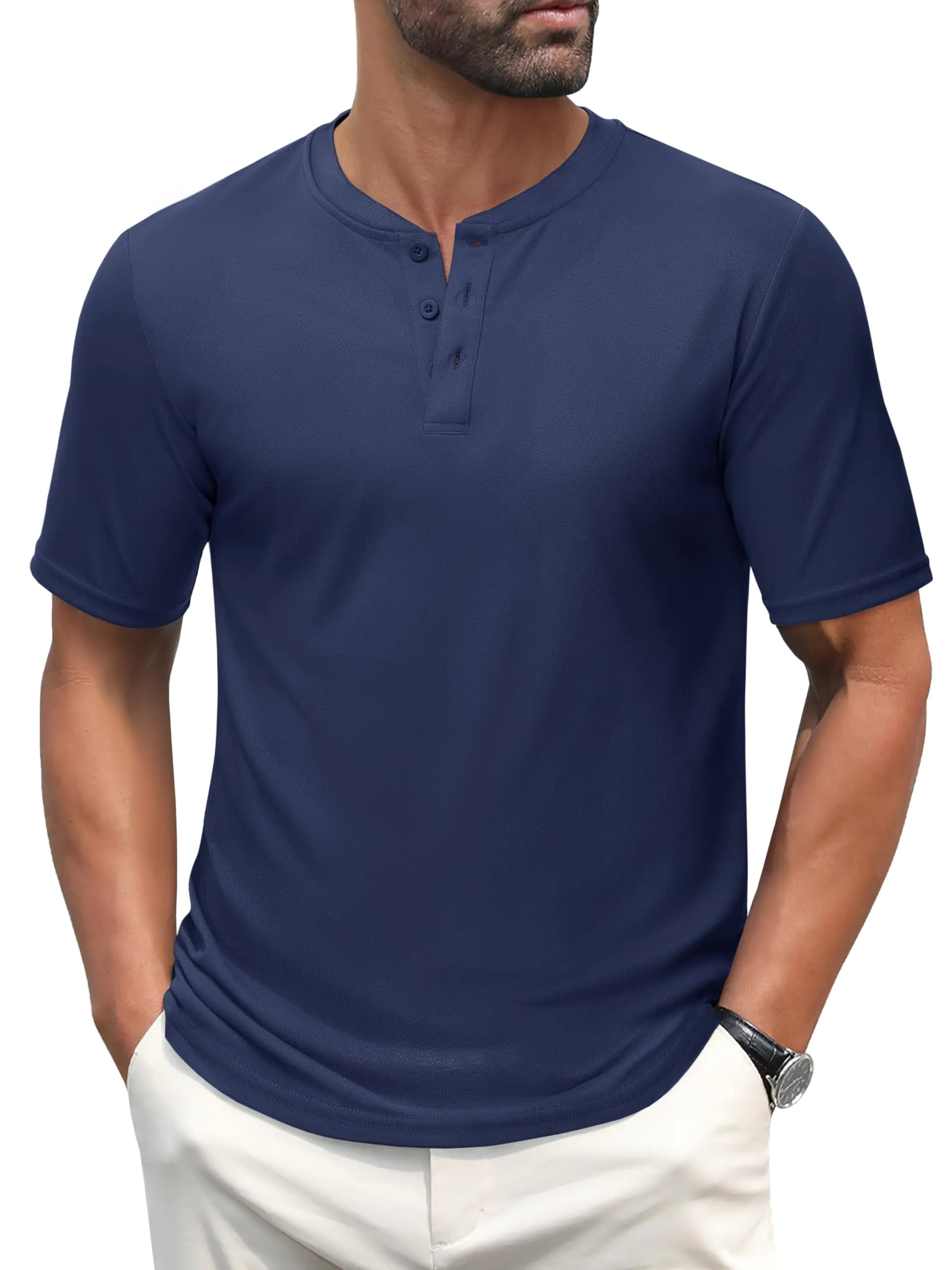 MAGCOMSEN Men's Henley Golf Shirts - Quick Dry, Short Sleeve, Navy / Medium